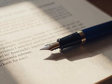 Close-up of academic manuscripts with a fountain pen, rich textures, warm directional window light, deep navy and champagne tones.