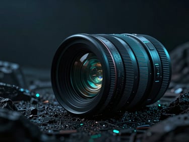 Cinematic video still of a dark sci-fi landscape, dramatic chiaroscuro, neon-cyan lighting