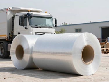 Heavy-duty truck unloading rolls of transparent polyethylene at a construction site, bright daylight, realistic industrial setting