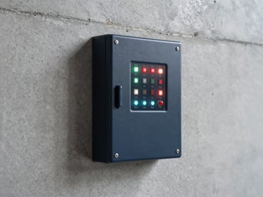 Industrial fire alarm control panel with illuminated status LEDs and clean wiring, mounted on a gray concrete wall