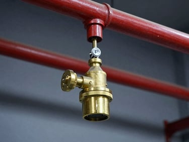 Close-up of a certified brass fire sprinkler head mounted on a red steel pipe, industrial warehouse ceiling background, sharp focus