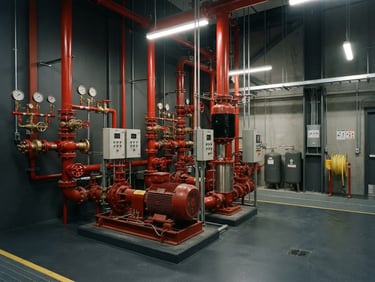 Wide environmental shot of an industrial fire pump room with clean red piping and pressure gauges, crisp industrial lighting, architectural framing, 35mm.
