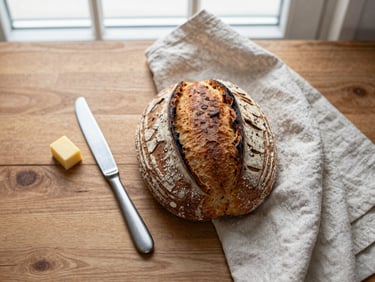 Overhead flat-lay of an artisanal sourdough loaf, a butter knife, and a linen cloth on a warm wooden table, soft natural window light, Scandinavian style.