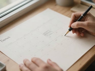 Close-up of hands sketching a social media content calendar on warm parchment paper, soft side-lighting, natural unposed creative agency work, 35mm