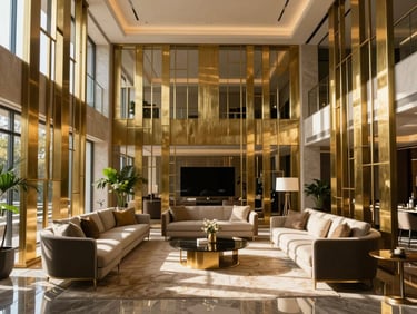 Sunlit interior of a spacious luxury living room, high ceilings, geometric brass screens, modern minimalist furniture, warm golden-hour light.