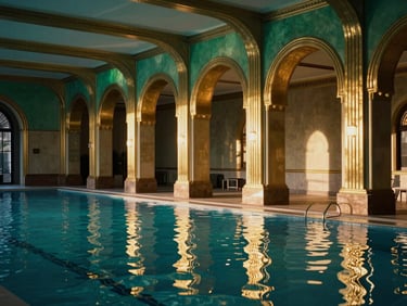 Luxury indoor swimming pool with Art Deco arched columns, warm ambient evening lighting reflecting off clean water, high-contrast.