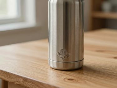 Close-up of a custom engraved stainless steel thermos on a light oak table, soft side light highlighting the precise laser engraving, warm minimalist aesthetic.