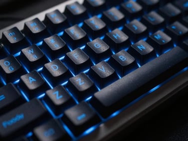 Moody cinematic technology photography, low-key dark studio lighting, macro shot of a clean mechanical keyboard with electric blue accent rim light, sharp details, 50mm lens