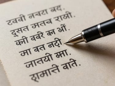 Close-up of a handwritten Sanskrit verse on aged paper with a fine-tipped pen resting beside it, studio strobe lighting that picks out the ink texture and paper grain sharply