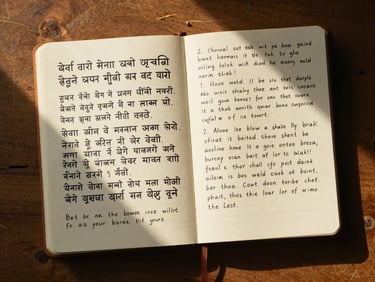 Overhead flat-lay of an open practitioner notebook with handwritten Sanskrit shloka lines and pencilled English annotations beside it, warm tungsten light casting a soft directional shadow across the page