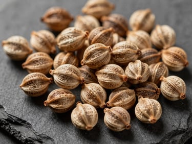 Extreme close-up overhead of a dried Gokshura seed cluster on a slate surface, north-facing daylight rendering the fine surface texture and pale brown tones with clinical precision