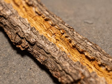 Extreme close-up of Varuna bark strip laid flat on a stone surface, warm tungsten light picking out fissured texture and ochre inner layer, tight framing showing bark grain