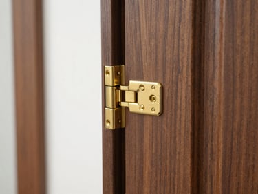 Macro photograph of a perfectly aligned solid brass hinge on a dark walnut interior door, clean modern lines, 35mm