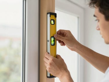 Close-up of a professional installer adjusting a heavy-duty commercial door closer with a level, natural light, 35mm
