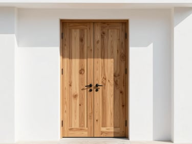Straight-on architectural photography of a modern heavy white oak front pivot door, clean white minimalist walls, bright natural daylight, sharp focus, 35mm