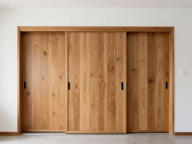 Straight-on architectural view of custom floor-to-ceiling wooden sliding doors in a minimalist room, bright natural light, 35mm