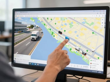 Close-up of a logistics operator's hand pointing at a real-time GPS tracking map on a computer screen, showing truck icons moving across Mexico, bright office lighting.