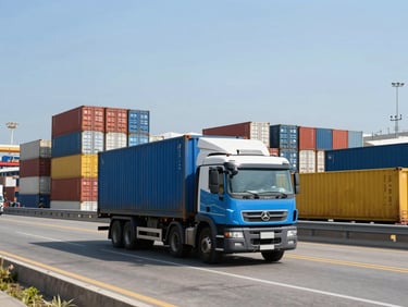 Modern cargo truck driving through a bustling port area in Manzanillo, containers stacked neatly in the background under clear daylight, wide-angle shot.