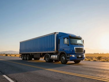 Dynamic low-angle shot of a large cargo truck on a highway at sunrise, moving across a vast Mexican landscape, industrial blue and yellow tones.