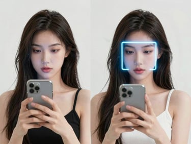 A split screen graphic showing a young woman looking at her smartphone camera, a digital neon mint frame overlaying perfectly onto her face, clean tech aesthetic