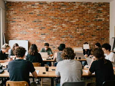 Warmly lit interior of a historic brick-walled creative studio space, people gathering for a collaborative workshop, candid composition
