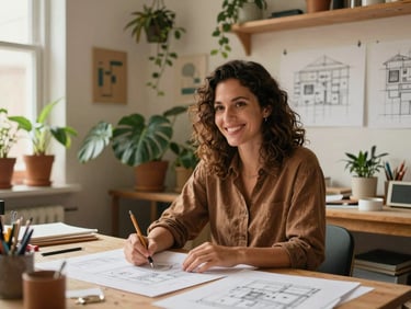 Candid medium shot of a woman with a warm smile in a sunlit creative studio, surrounded by plants and architectural drawings, warm earth tones