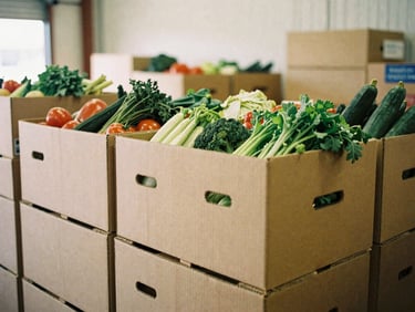 Wide environmental shot of fresh organic produce boxes stacked inside a bright, clean local distribution warehouse, warm natural light