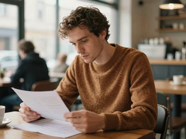 Candid portrait of a man in a warm knit sweater reviewing plans in a bright local coffee shop, soft natural daylight