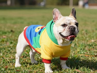 A happy French bulldog wearing a colorful custom-fit hoodie in a park, eye-level shot