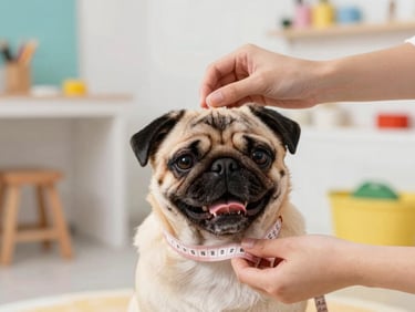 Hands of an artisan measuring a cheerful pug with a soft tape measure in a bright workshop
