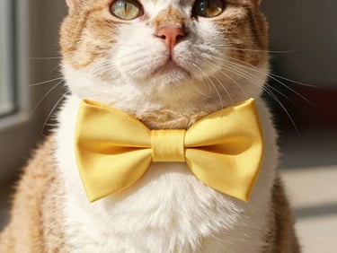 Close-up of an elegant cat wearing a soft yellow tailored bowtie collar, warm natural lighting
