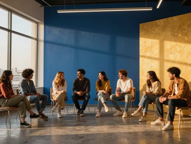 Vibrant young adults laughing and collaborating in a modern, creative studio space in Dubai, natural golden-hour light