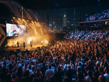 Dramatic wide-angle shot of a massive, vibrant worship gathering in Dubai, warm golden stage lighting reflecting on a passionate congregation, majestic atmosphere
