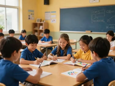 Warm, smiling children engaged in a creative bible-learning activity in a bright, modern classroom, soft lighting