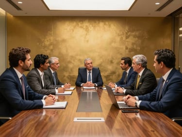 A group of modern professional men in deep, focused discussion in a sleek Dubai boardroom, warm lighting, editorial style
