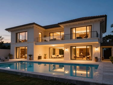 Luxury villa exterior at dusk with a private pool, dramatic twilight, warm interior lighting, architectural wide-angle, 35mm, warm editorial photography