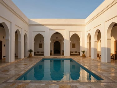 Sun-drenched riad courtyard with a sparkling private pool, minimalist luxury interiors, Moroccan architectural details, wide-angle, 35mm, warm editorial photography