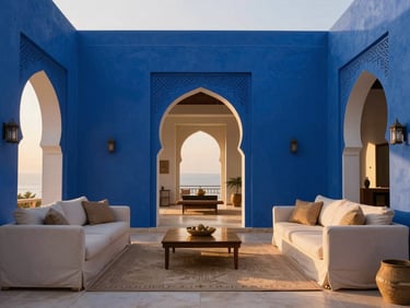 Minimalist luxury interior of a villa living room with Moroccan architectural details, soft morning sun, high-contrast detail shot, 35mm, warm editorial photography