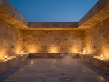 A serene, candlelit private hammam interior with steam rising, soft golden light, wide architectural angle, 35mm.