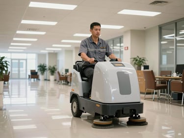 A wide environmental shot of a uniformed maintenance operator driving a mechanized floor scrubber through a polished, high-traffic corporate lobby, bright clean fluorescent lighting, reflecting order and precision.