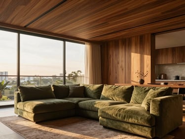 Warm editorial photography of a modern high-end living room in Porto Alegre, soft golden hour light streaming through large windows, rich wood textures and comfortable green-olive sofa