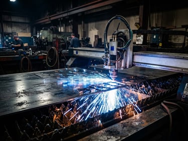Industrial editorial photography of a CNC fiber laser cutting sheet metal with intense electric blue sparks, sharp focus, 35mm, dark workshop background.