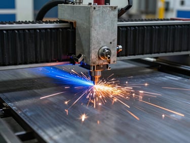CNC fiber laser cutting machine processing sheet metal with bright blue and orange sparks, industrial workshop setting, sharp focus, 35mm