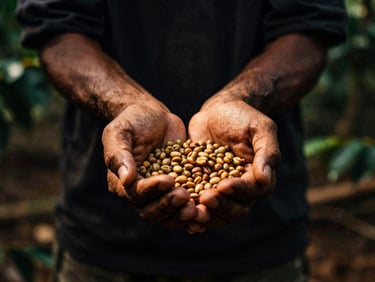moody editorial photography, hands of an Indonesian farmer holding roasted coffee beans, warm golden-hour canopy light, 35mm film grain