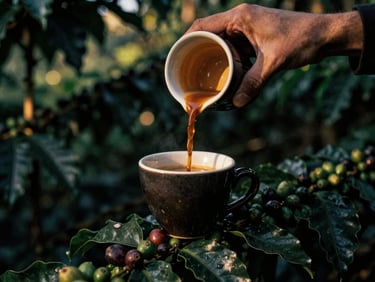 moody editorial photography, slow pour of espresso into a heavy dark ceramic cup, golden-hour light filtering through a coffee plantation canopy, 35mm film grain