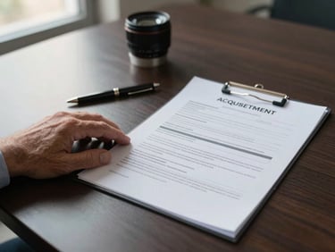 Overhead close-up of a printed acquisition summary on a dark conference table, a senior hand resting on the edge of the document, early morning office light from a window to the upper left, pen resting beside the papers