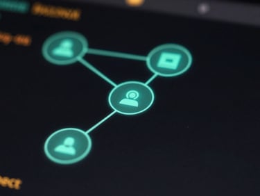 Macro close-up of a dark terminal screen displaying a node-based graph of three agents, neon cyan connections, shallow depth of field