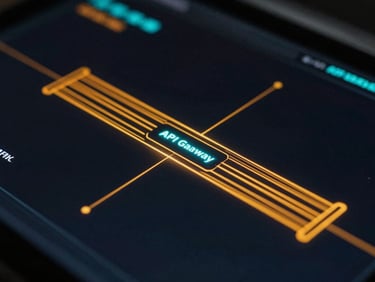 Technical schematic diagram of an API gateway bridge, high-contrast amber telemetry lines on a deep black screen, macro lens