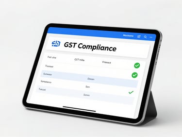 A modern tablet showing GST filing compliance metrics with green success ticks, clean corporate aesthetic