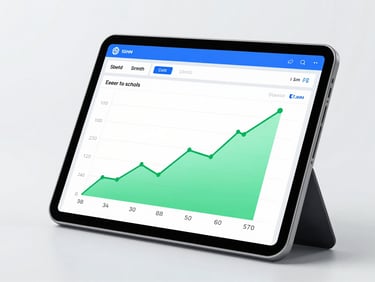 A modern tablet displaying a bright financial dashboard with rising green growth metrics, crisp daylight, corporate blue accents, sharp focus